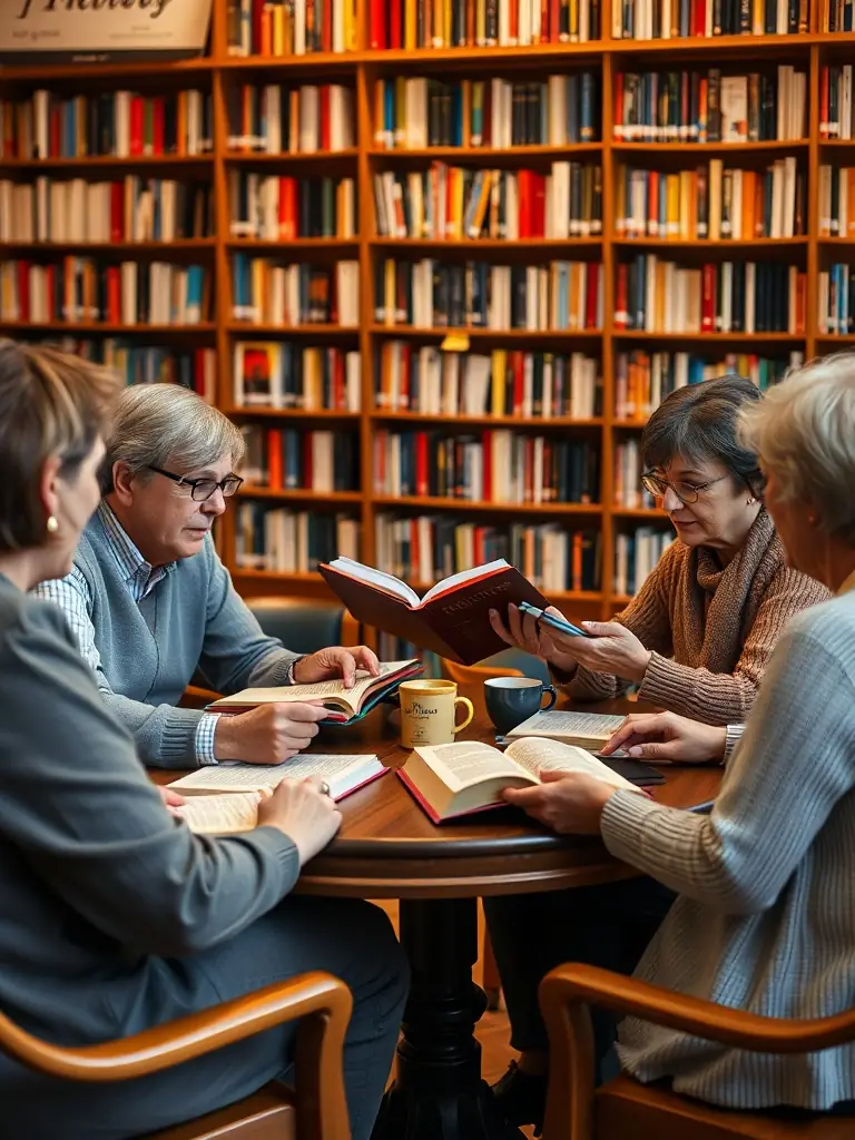 A photograph of adults attending a book club meeting at AMICALE DU LIVRE, discussing a novel with enthusiasm.