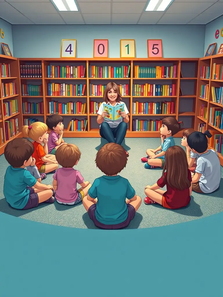 A group of children sitting in a circle, listening attentively as a librarian reads aloud from a colorful picture book during a story time session at AMICALE DU LIVRE.