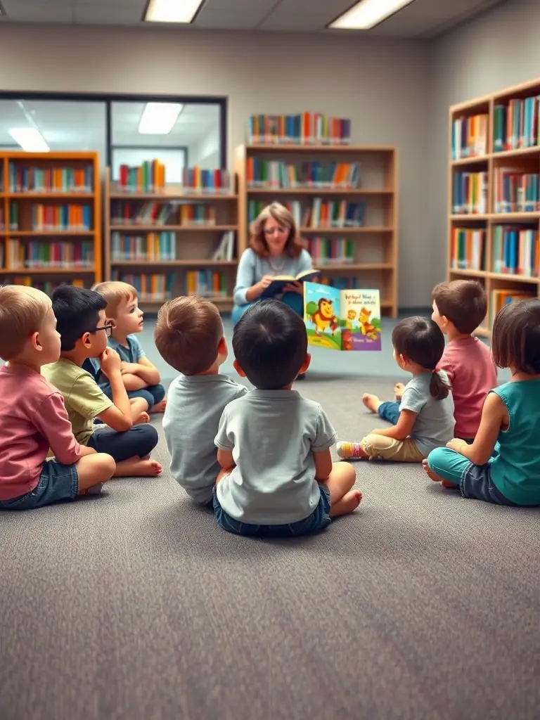 A photograph of children participating in a storytelling session at AMICALE DU LIVRE, with a librarian reading aloud and the children listening attentively.