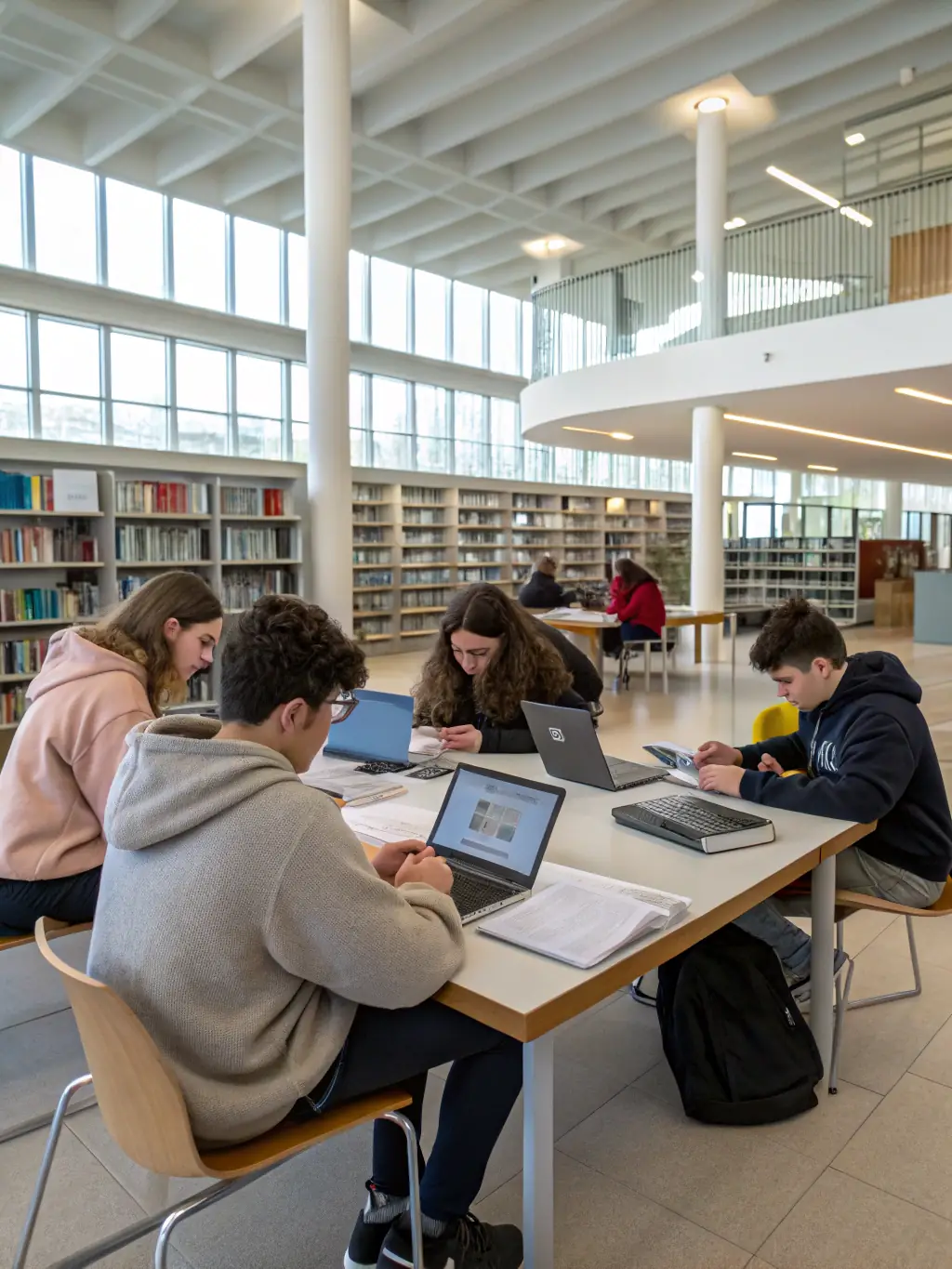 A photograph of teenagers participating in a creative writing workshop at AMICALE DU LIVRE, with laptops and notebooks spread out on the tables.