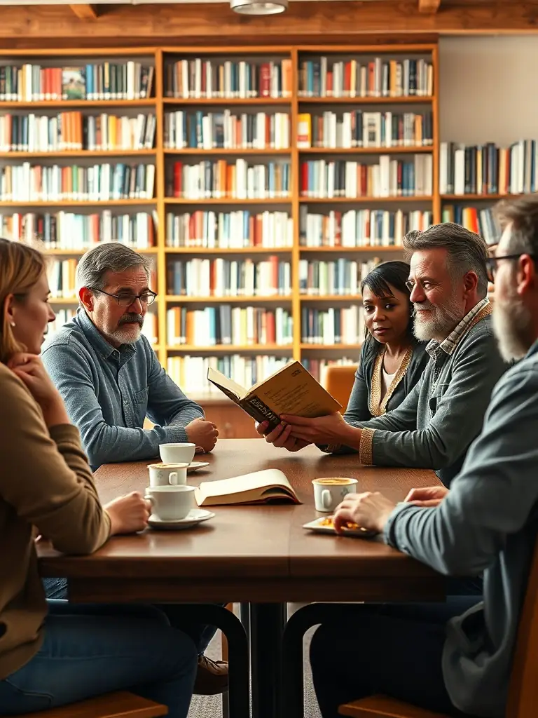A diverse group of adults engaged in a lively discussion about a novel during a book club meeting at AMICALE DU LIVRE, with coffee cups and books scattered on the table.