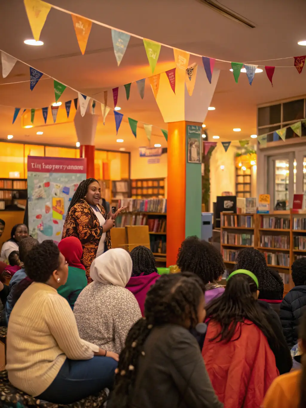 A photograph of community members attending a cultural event at AMICALE DU LIVRE, featuring local artists and performers.